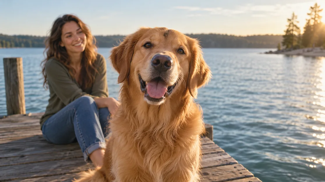 A golden retriever sitting on a wooden lakeside pier at golden hour with its mouth open as if singing, a young woman sitting beside it and smiling
