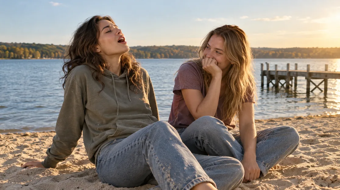 Two friends sitting close on pale sand by a lake, one leaning back and singing with eyes half closed while the other turns toward her trying not to laugh