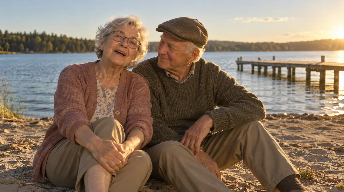 An older couple sitting side by side on the sand by a calm lake in warm evening light, the grandmother singing toward the camera and the grandfather leaning in to look at her