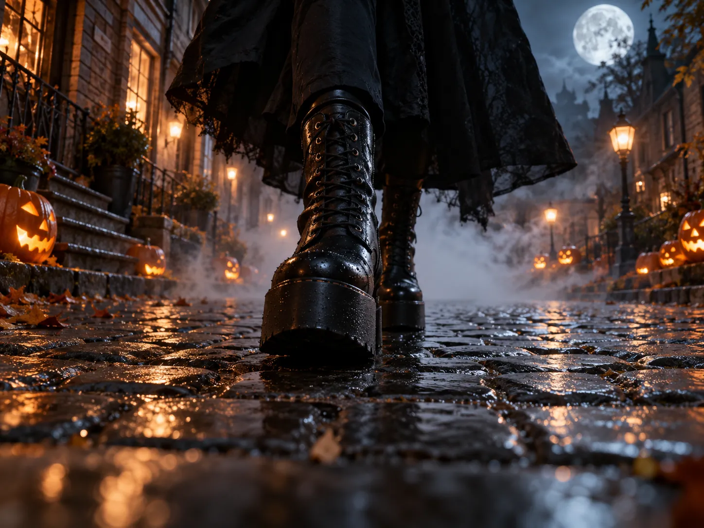 A low camera on black platform boots walking over wet cobblestones in fog, the opening of a Ramalama costume walk