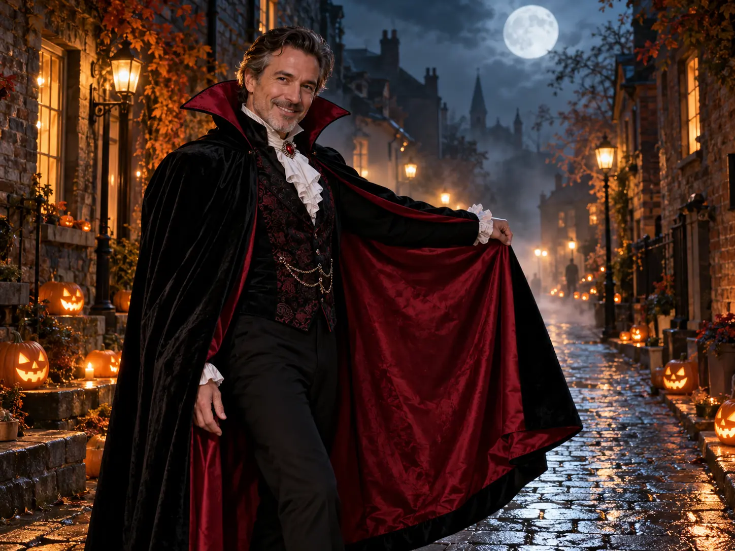 A smiling man in his fifties sweeping open a vampire cape on a pumpkin-lit street, a Ramalama AI trend video of a parent
