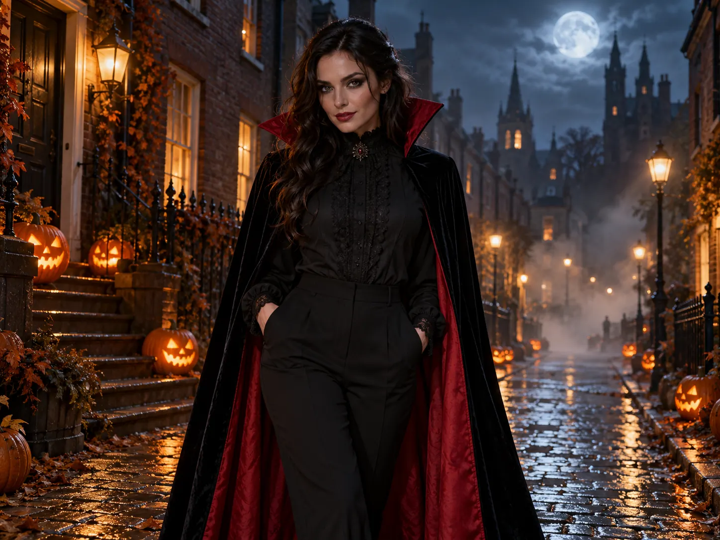 A woman wearing a velvet vampire cape posing on a pumpkin-lit cobblestone street, a Ramalama AI trend costume reveal