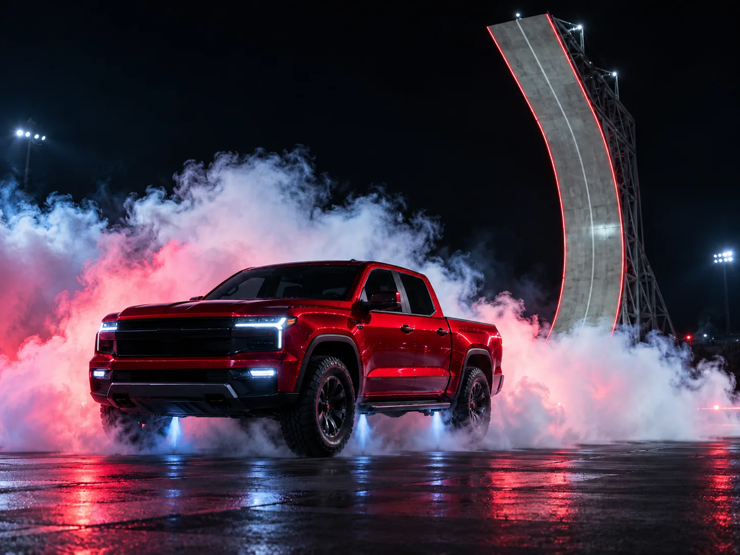 A glossy red pickup truck landing on all four wheels in a cloud of white smoke lit red and blue at night, a kickflip car video for a dealership post