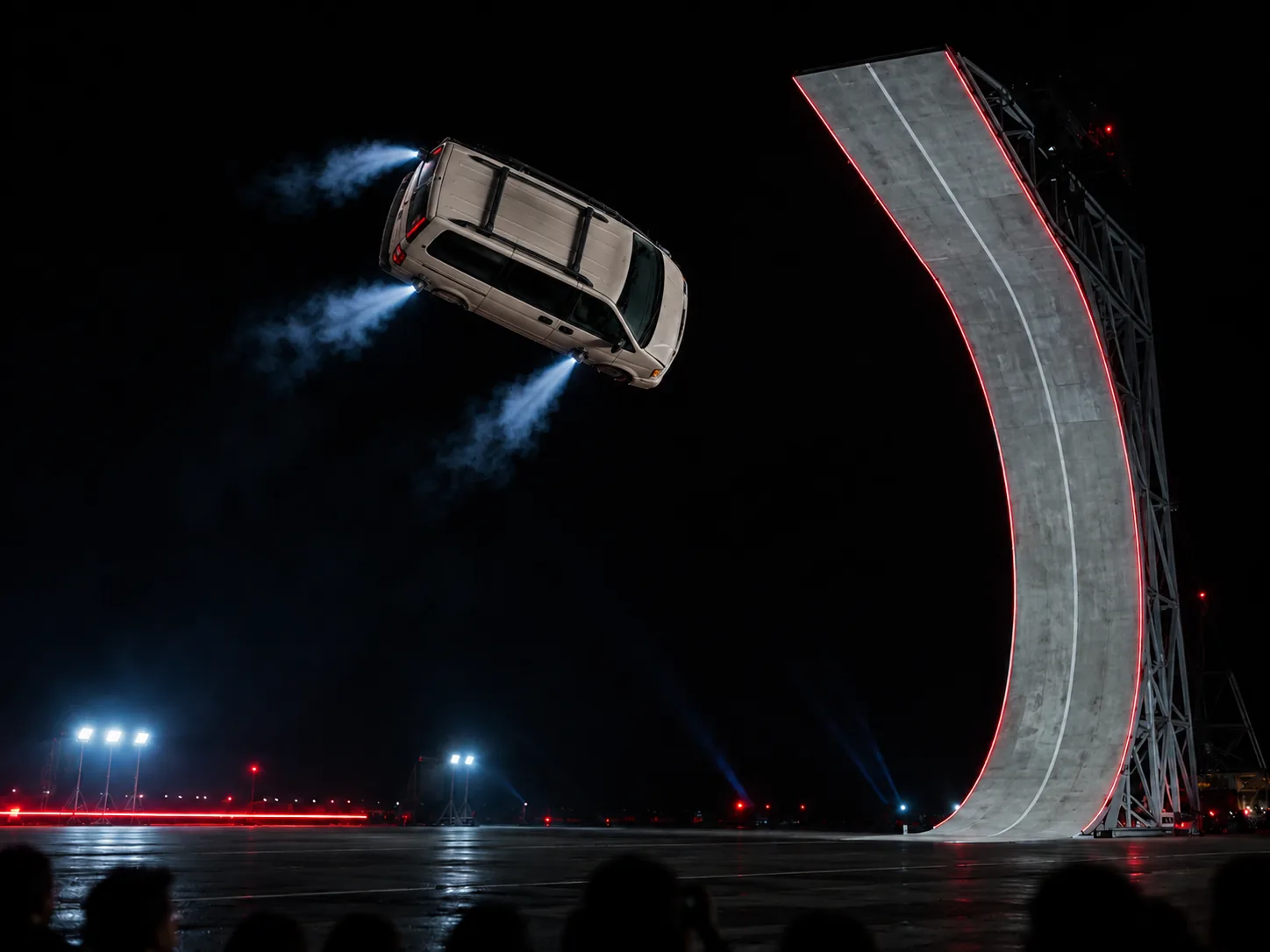A beige family minivan with a roof rack flying sideways through a kickflip at night with thrusters firing in front of a tall curved ramp, a funny Tesla kickflip AI video