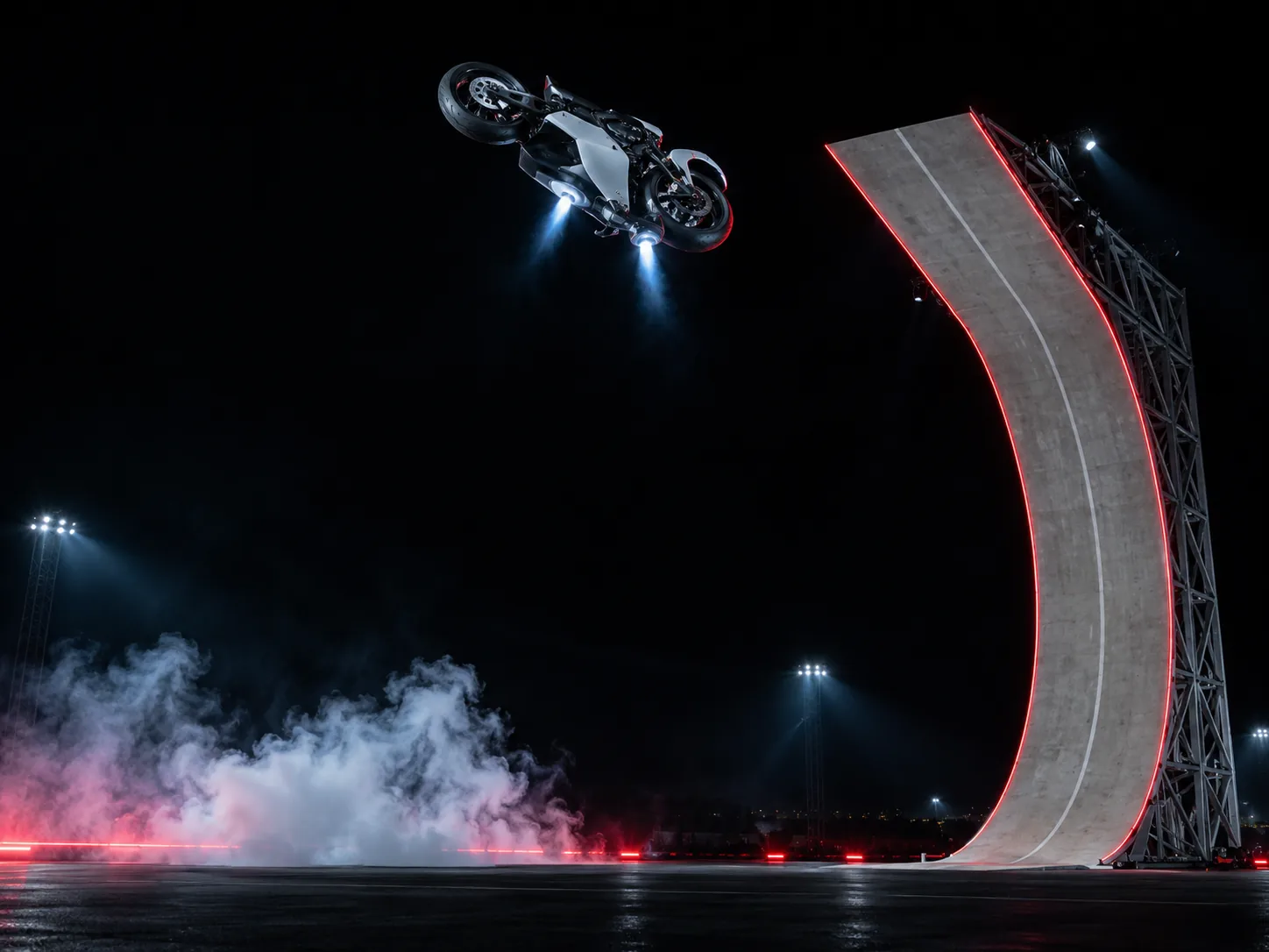 A riderless sport motorcycle tilting through a flip just past the top of a curved concrete ramp at night, blue thruster jets beneath it, a Roadster kickflip made with a motorcycle