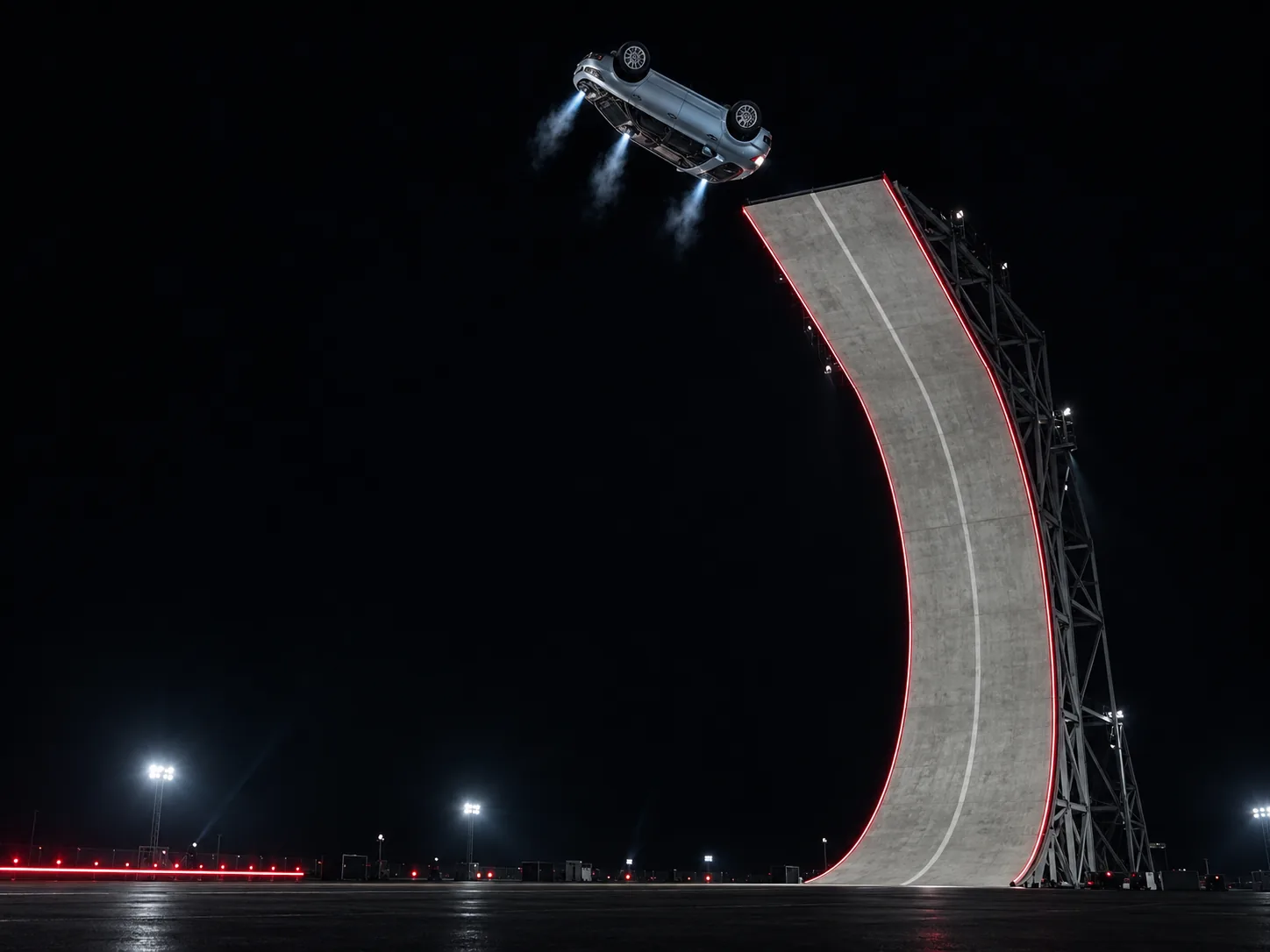 An ordinary silver hatchback upside down in mid-air above the lip of a giant curved ramp at night, thrusters firing, in a Tesla Roadster kickflip AI video