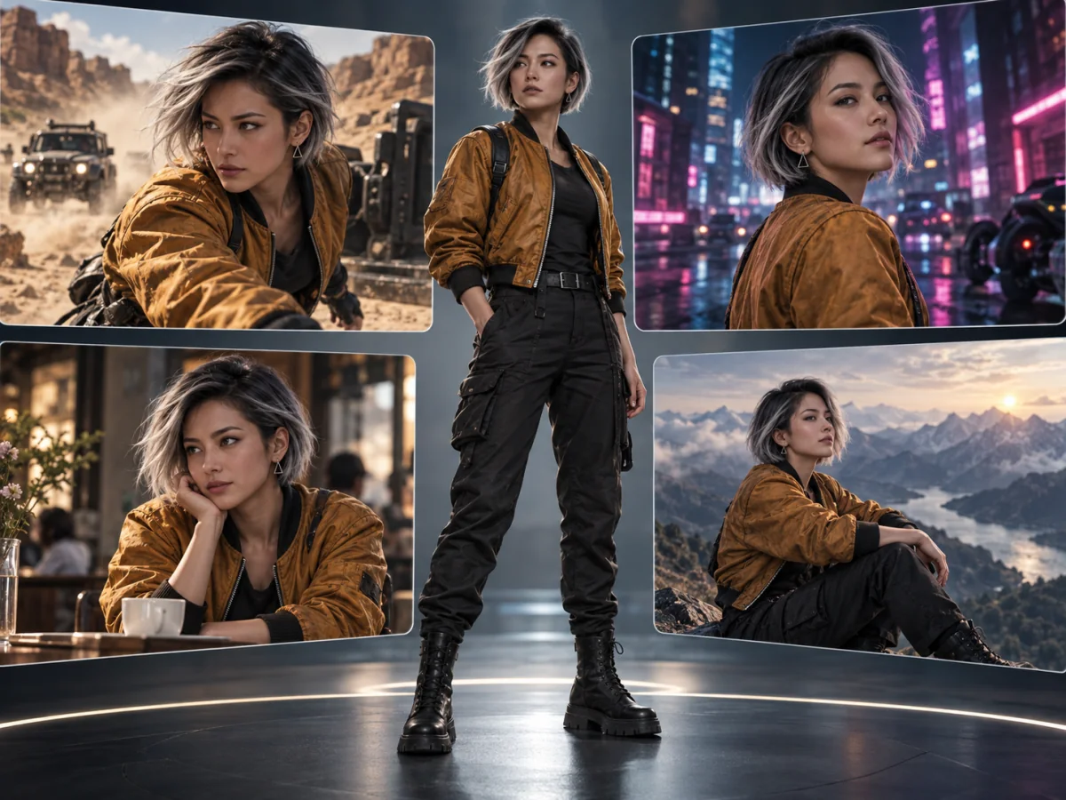 The same cinematic character kept consistent across multiple scenes