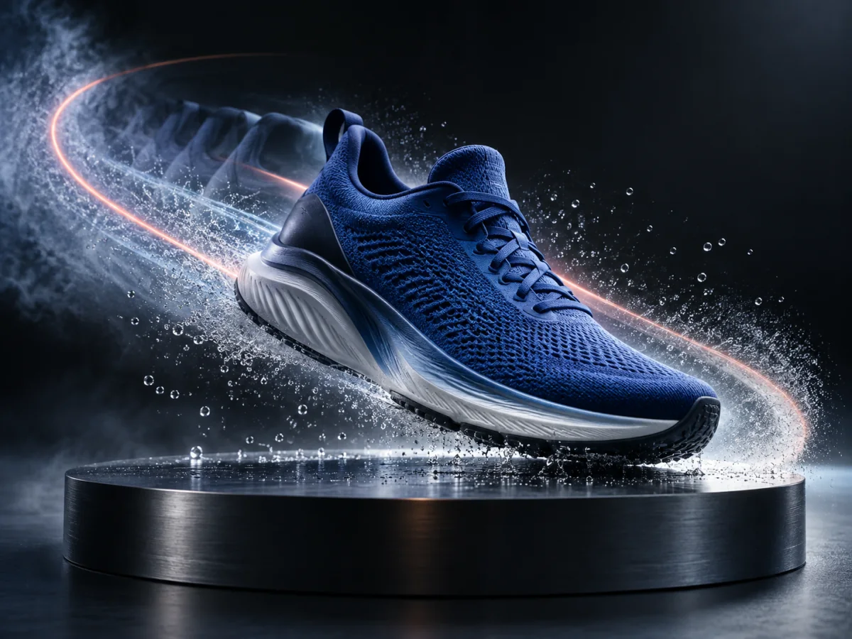 Blue running shoe animated from a product still with cinematic motion