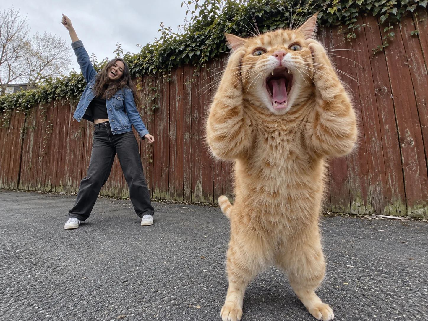A ginger tabby cat standing upright with its front paws on its head and its mouth wide open close to the lens, a woman in a denim jacket dancing behind it, the Smalltown Boy cat dance