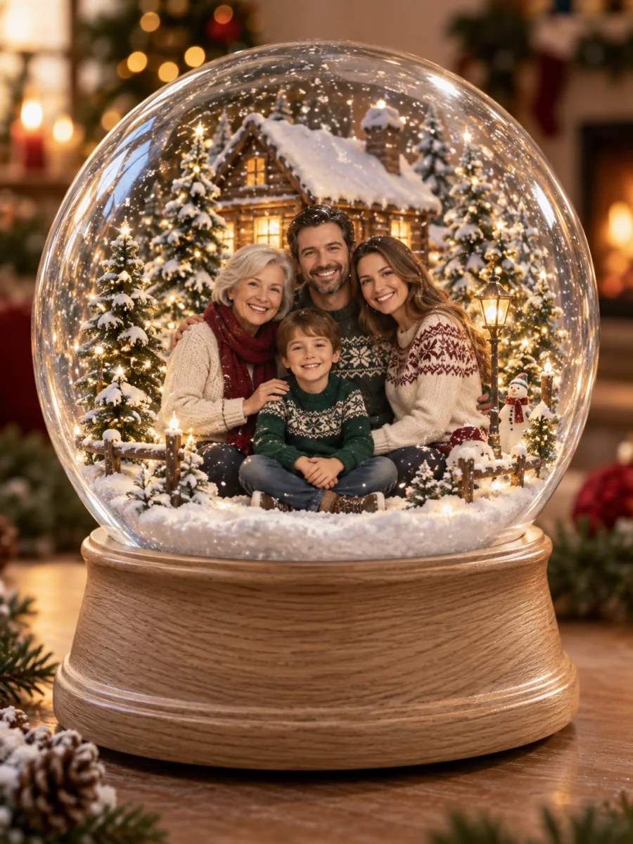 Family in matching Christmas sweaters inside an AI snow globe