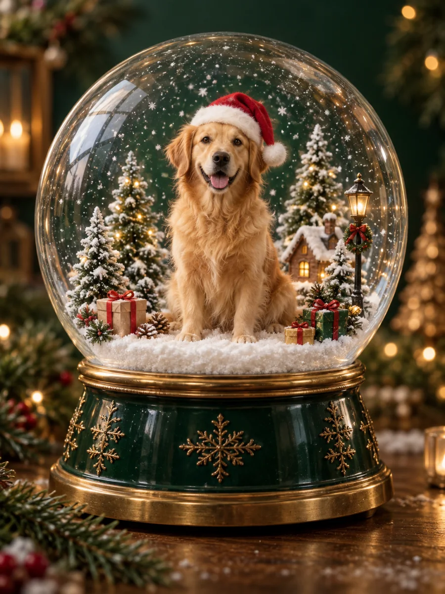 Dog in a tiny Santa hat inside a snow globe with falling snow