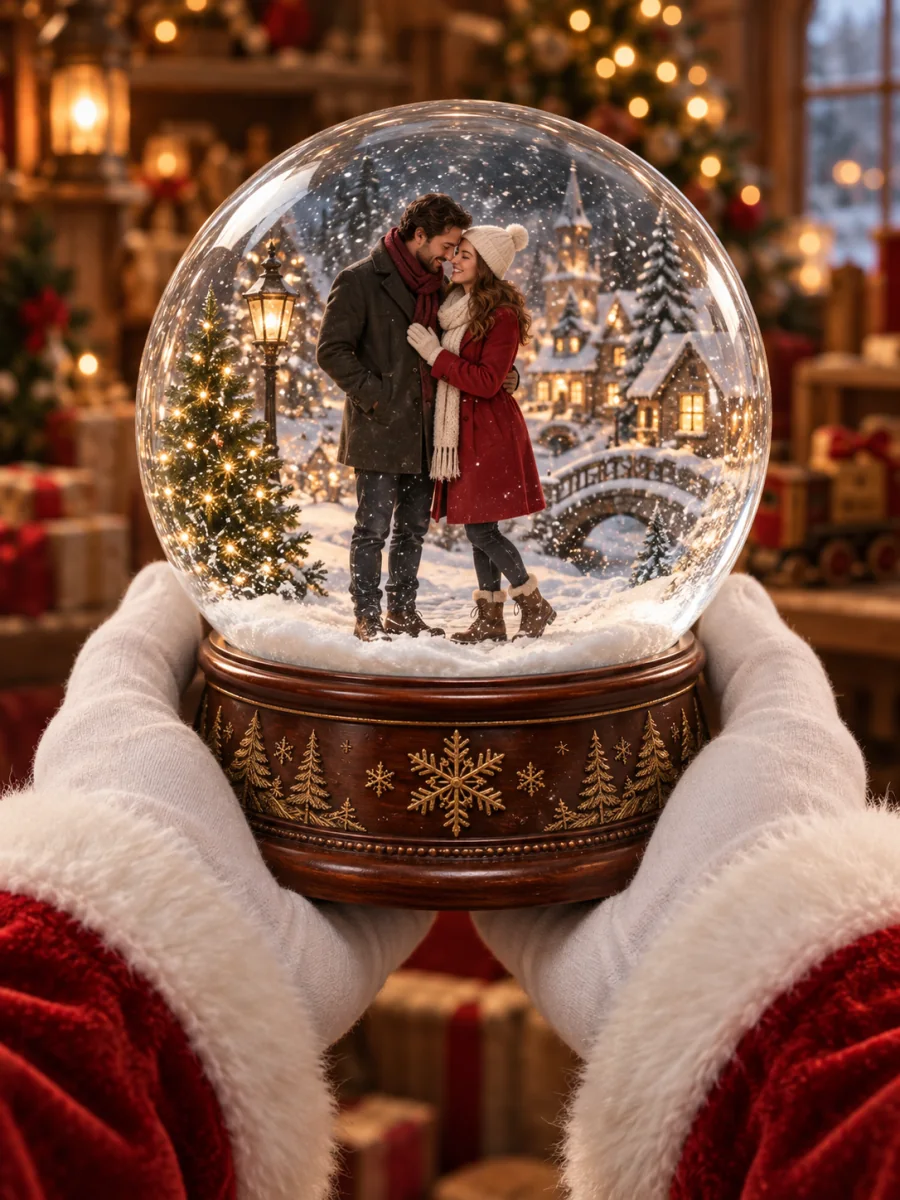 Santa's gloved hands holding a snow globe with a couple inside