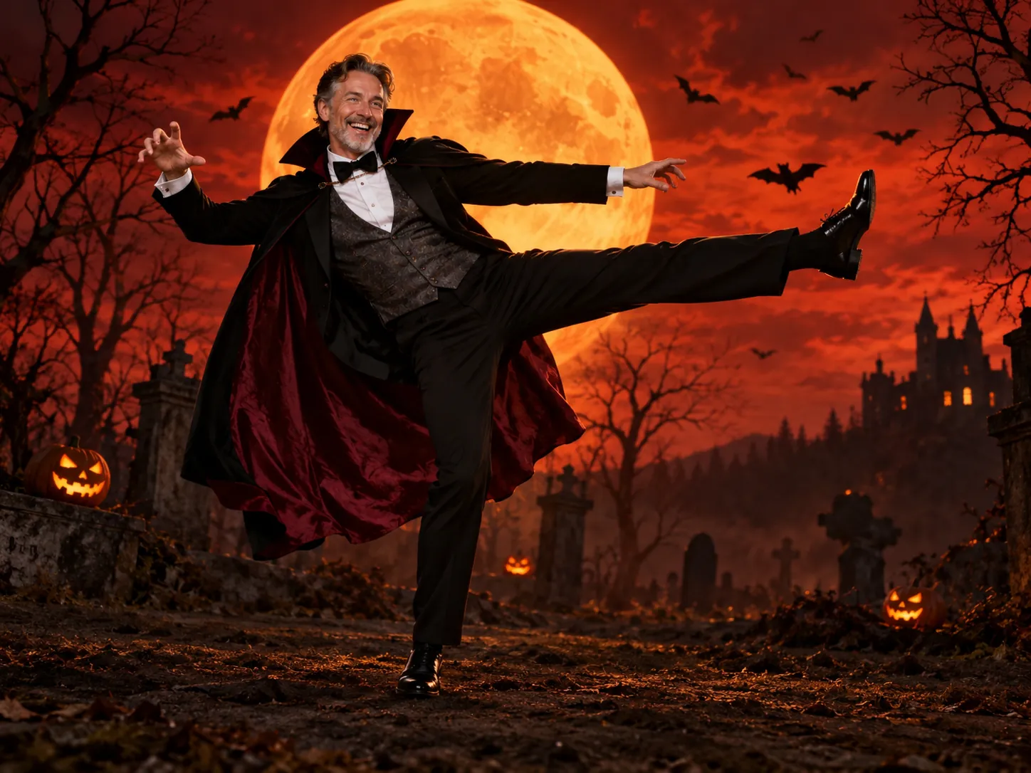 A smiling dad in a vampire suit doing a side kick in front of an orange full moon, Spooky Scary Skeletons dance AI