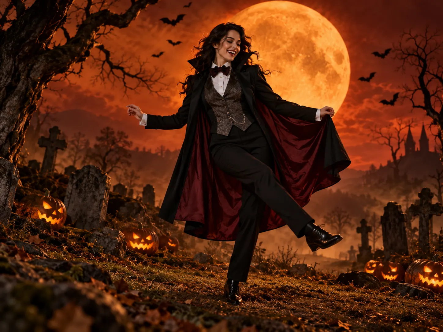 A laughing young woman in a vampire suit and cape twisting her hips among glowing pumpkins, Spooky Scary Skeletons AI video