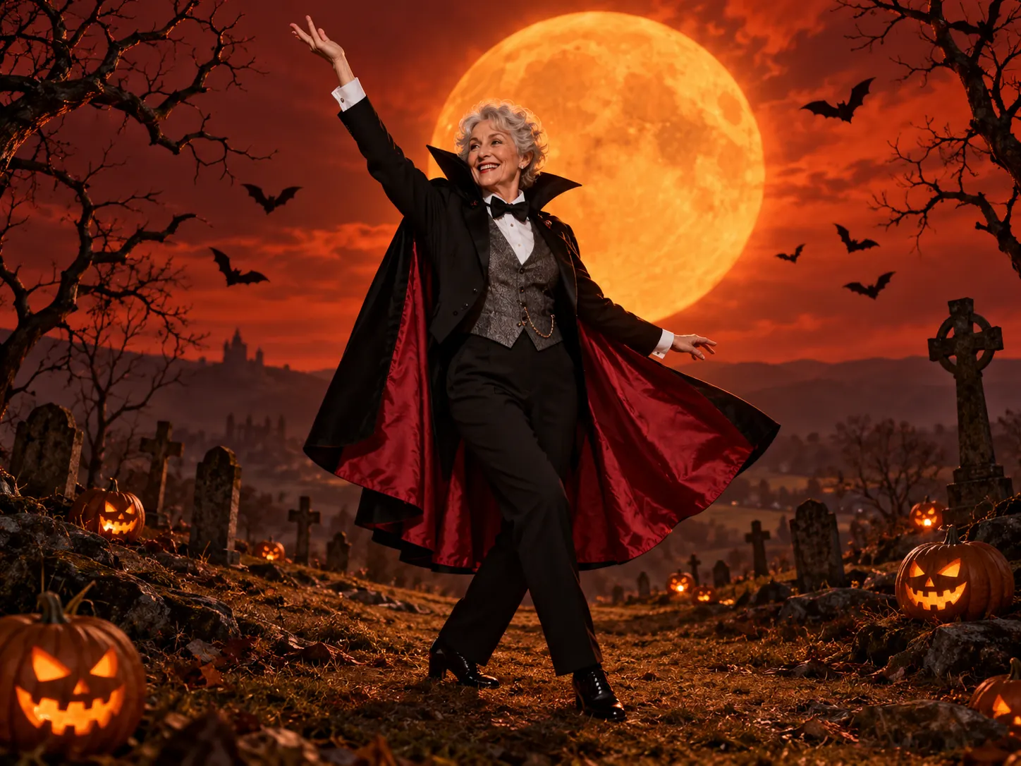 A delighted grandmother in a vampire cape raising one arm under an orange moon in a Spooky Scary Skeletons AI dance