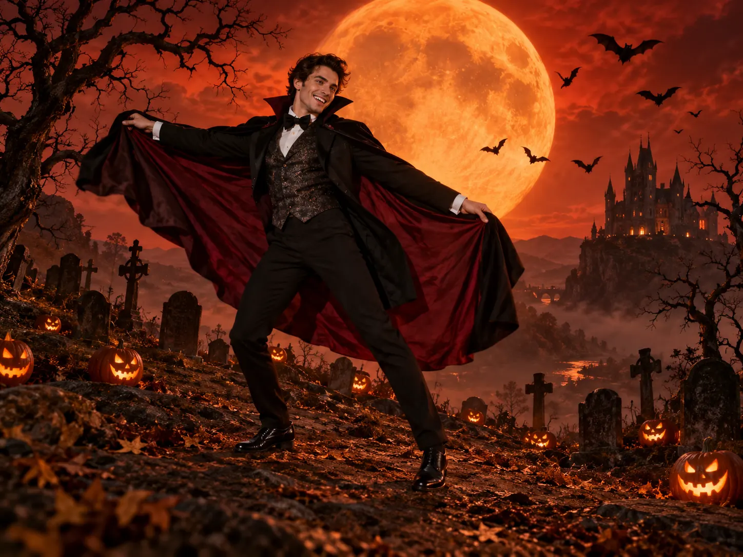 A young man spreading a vampire cape under a giant orange moon in a Spooky Scary Skeletons AI dance