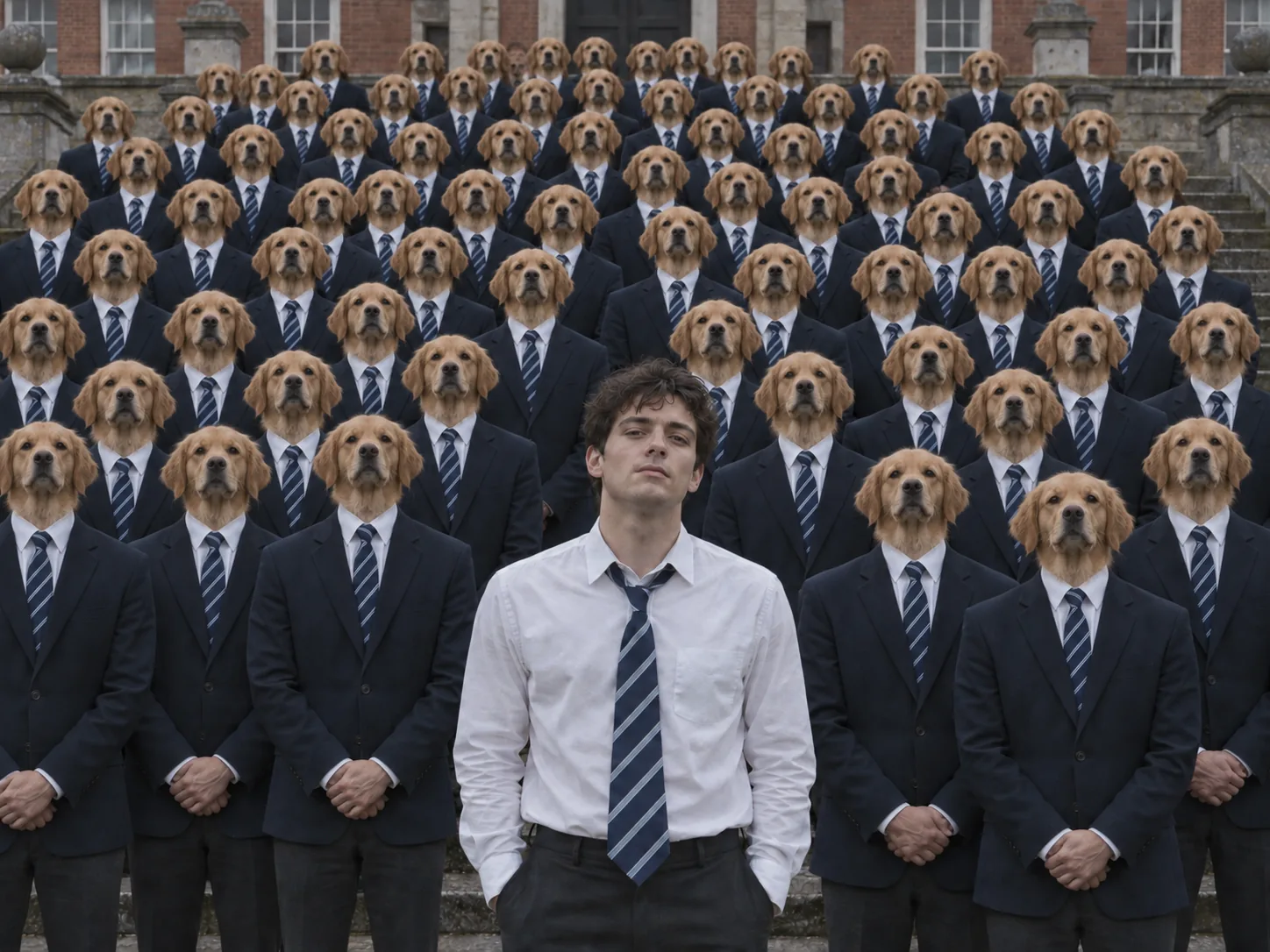 A young man in a white shirt and tie in front of rows of figures in navy blazers who all have the same golden retriever head