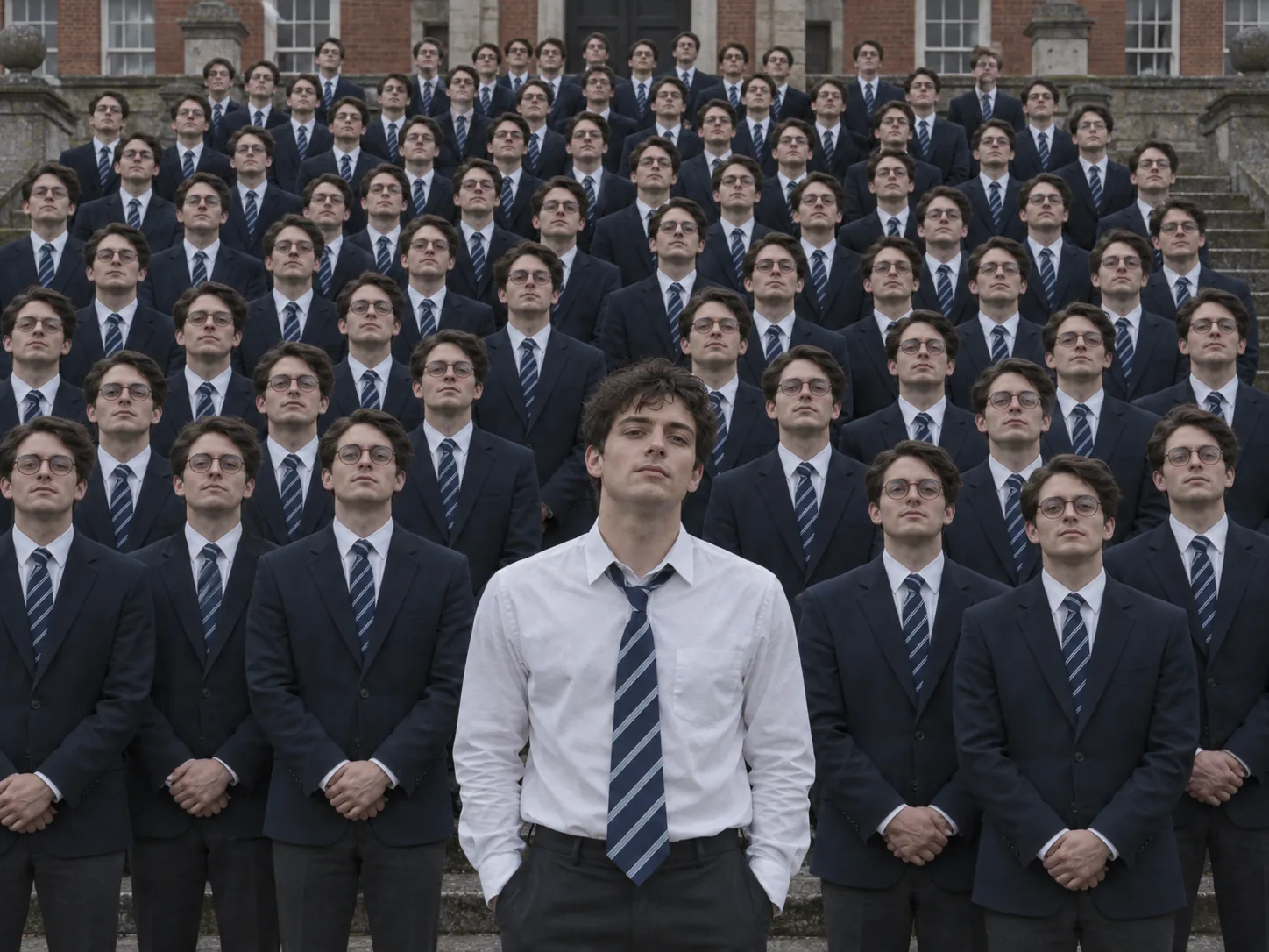 A young man in a white shirt and tie in front of rows of identical men with round glasses in navy blazers standing on outdoor steps