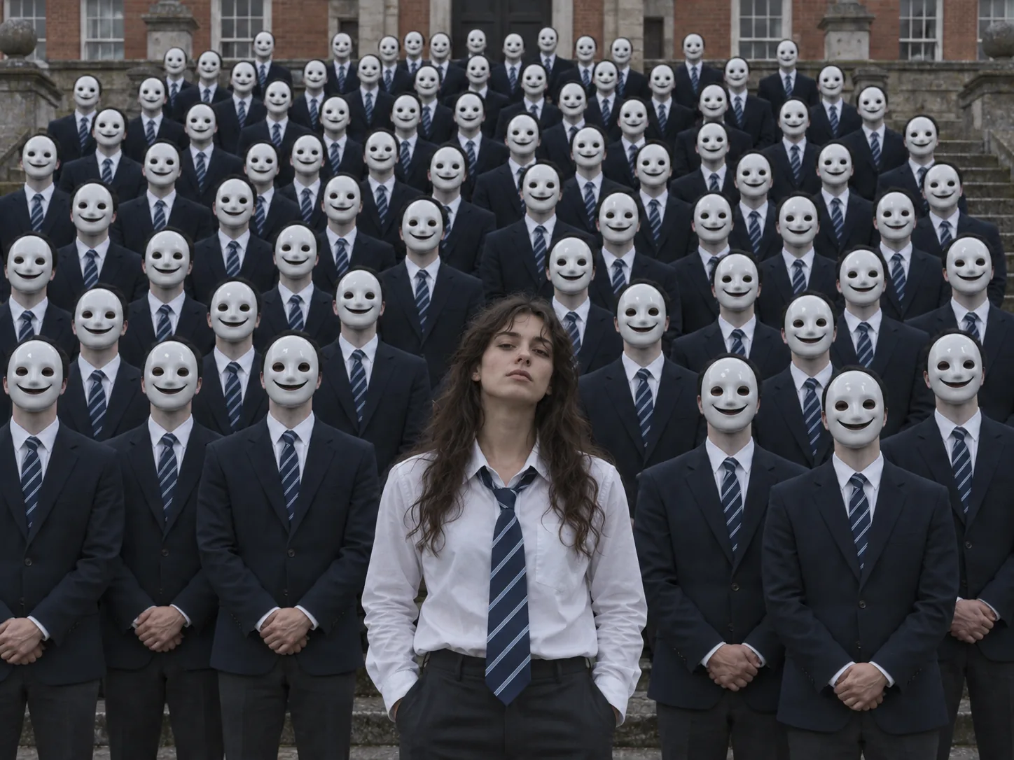 A young woman in a white shirt and tie in front of rows of people in navy blazers all wearing the same smiling white mask on outdoor steps
