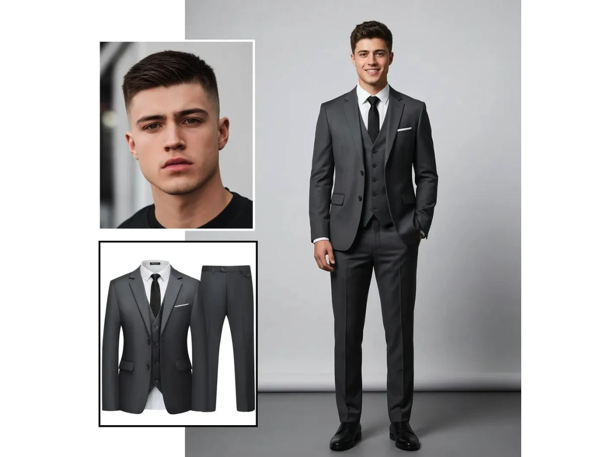 A man's portrait and a grey three-piece suit fused into a full-body try-on photo