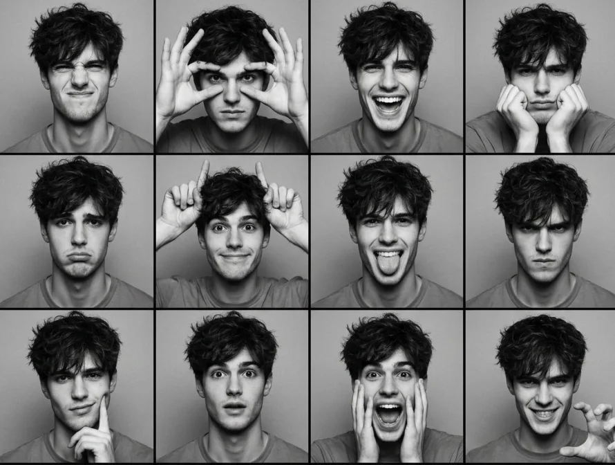 A grid of one man's face showing twelve different expressions