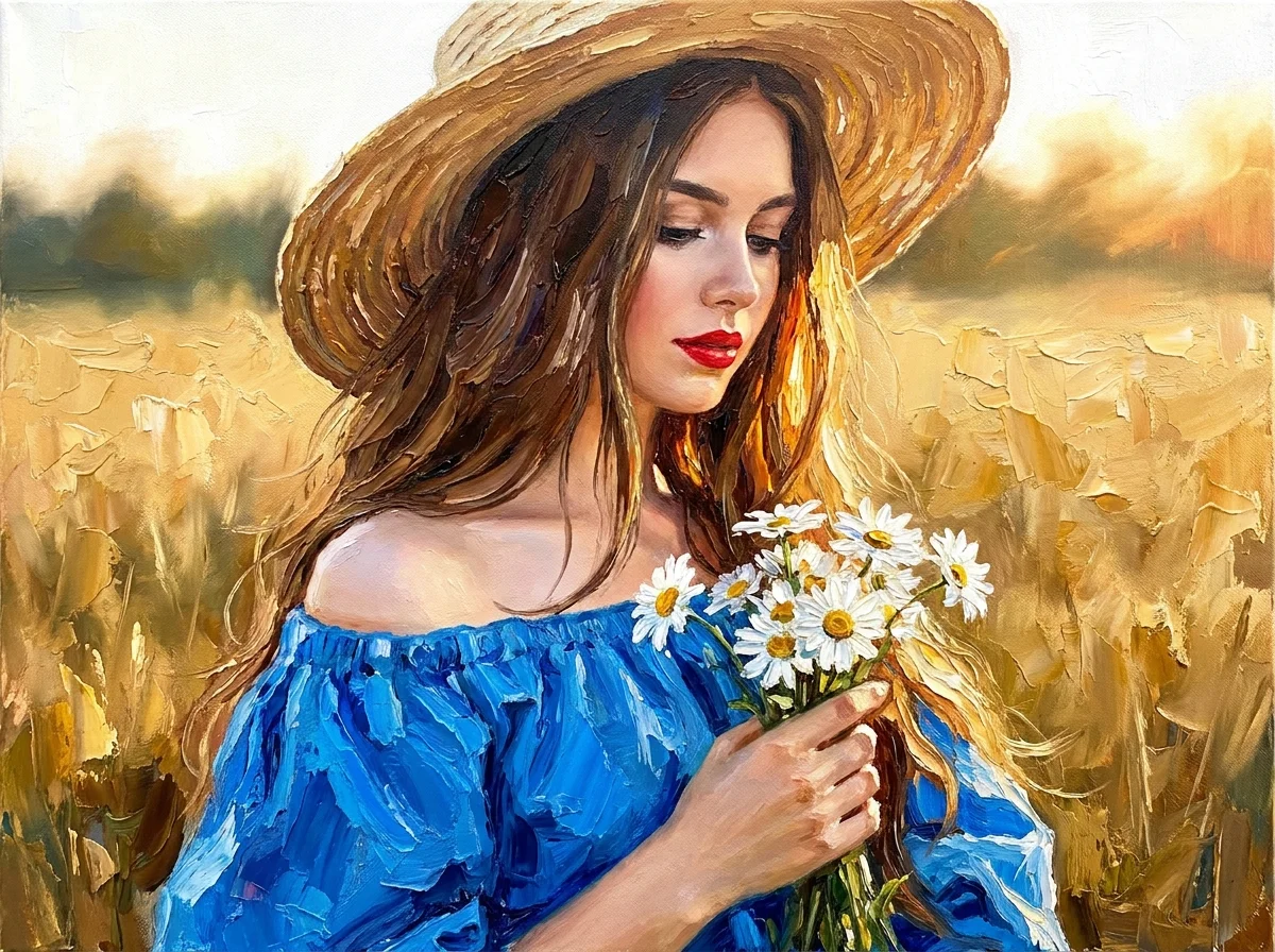A photo of a woman in a field restyled as a textured oil painting