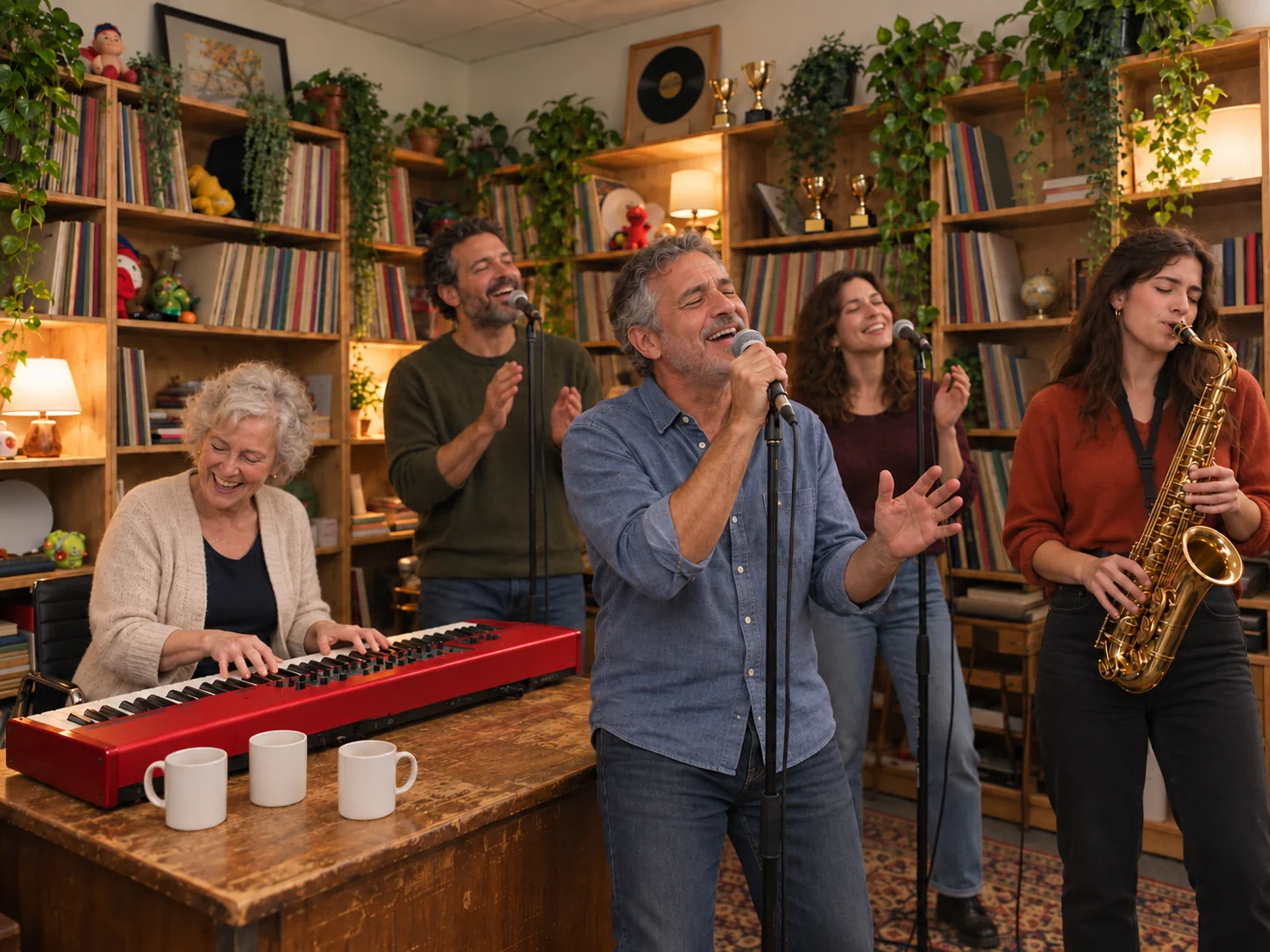 A father sings lead, his adult daughter plays the sax and a grandmother laughs at the keyboard, a family Charlie Wilson Tiny Desk AI parody