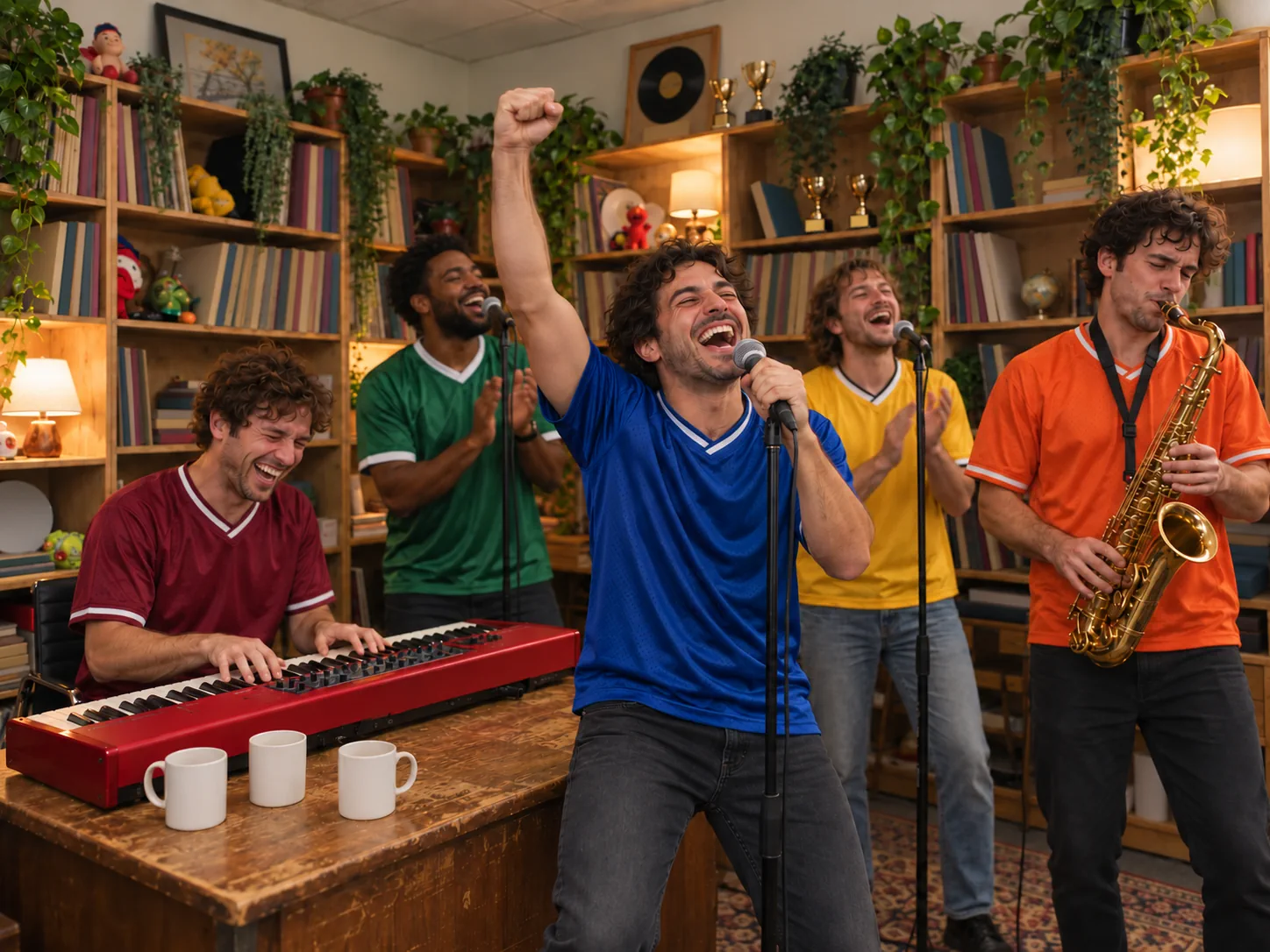 Five men in plain coloured jerseys, the lead singer with a fist in the air and a sax player on the right, a fantasy league Tiny Desk AI meme