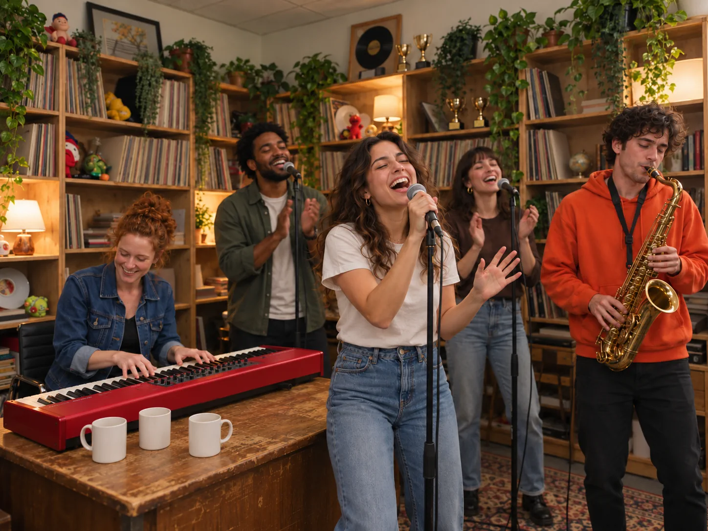 A laughing young woman sings lead while friends play the red keyboard, sing backup and blow the sax in an orange hoodie, an Outstanding Tiny Desk AI video made from photos