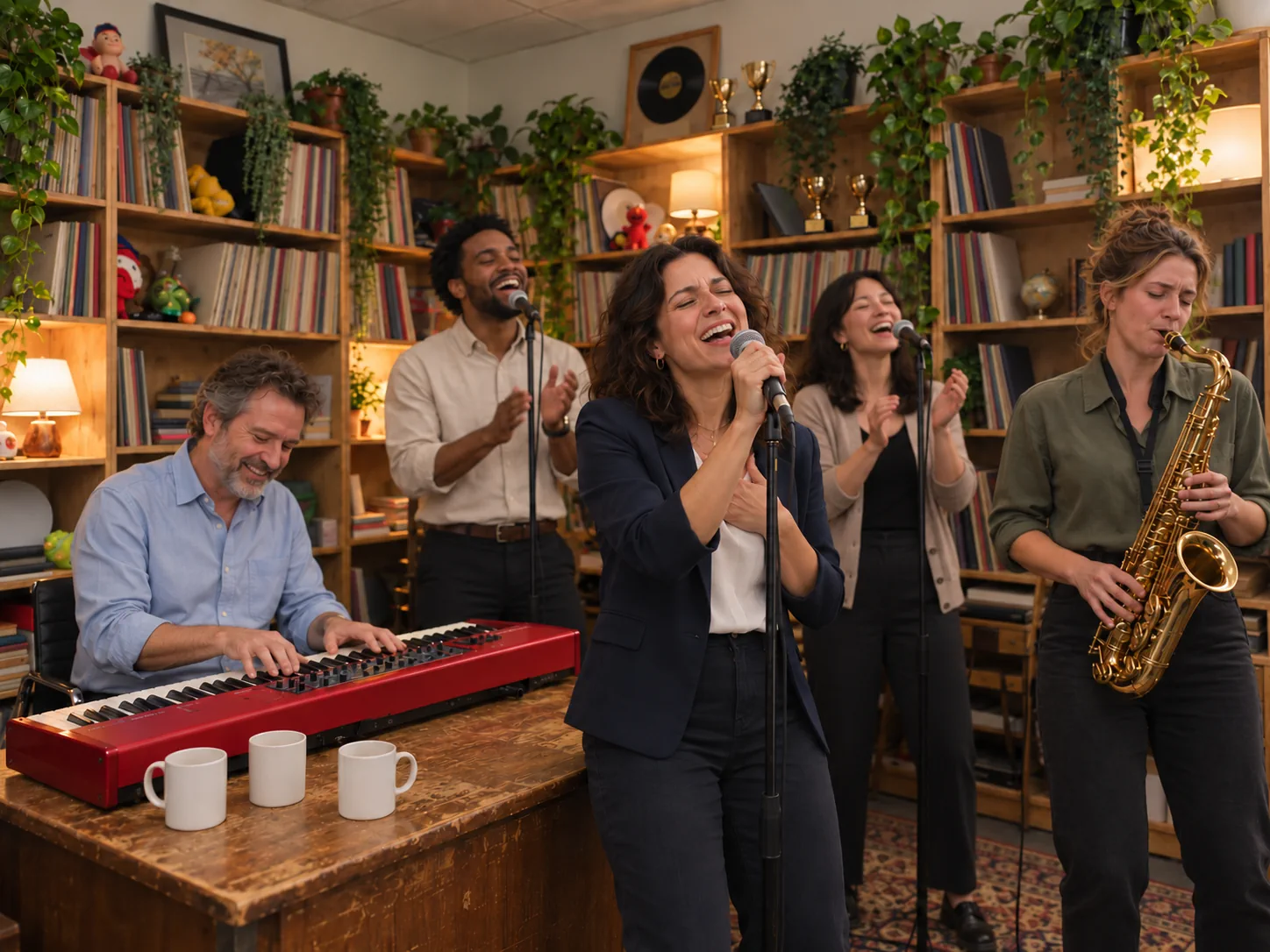 Coworkers in blazers and shirts singing lead, playing keys and playing the saxophone around an office desk, a team AI Tiny Desk concert video