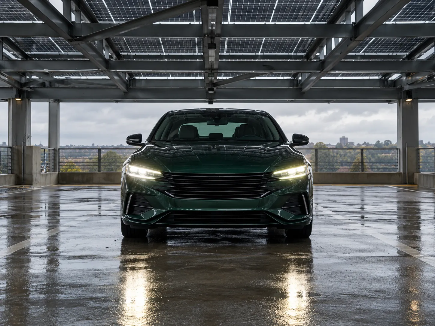 A dark green sedan with its headlights on under a steel roof in a covered parking deck, the reveal at the end of a toy car to real car transition
