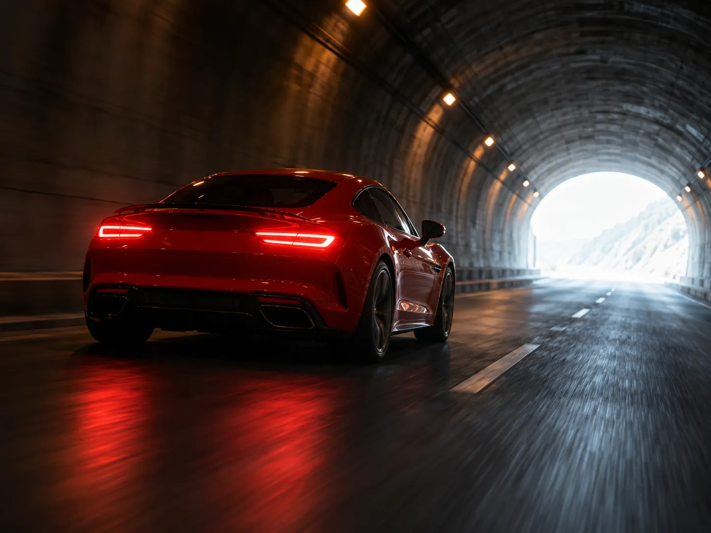 A red sports coupe with glowing tail lights driving out of a dark tunnel, a toy car to real car AI video