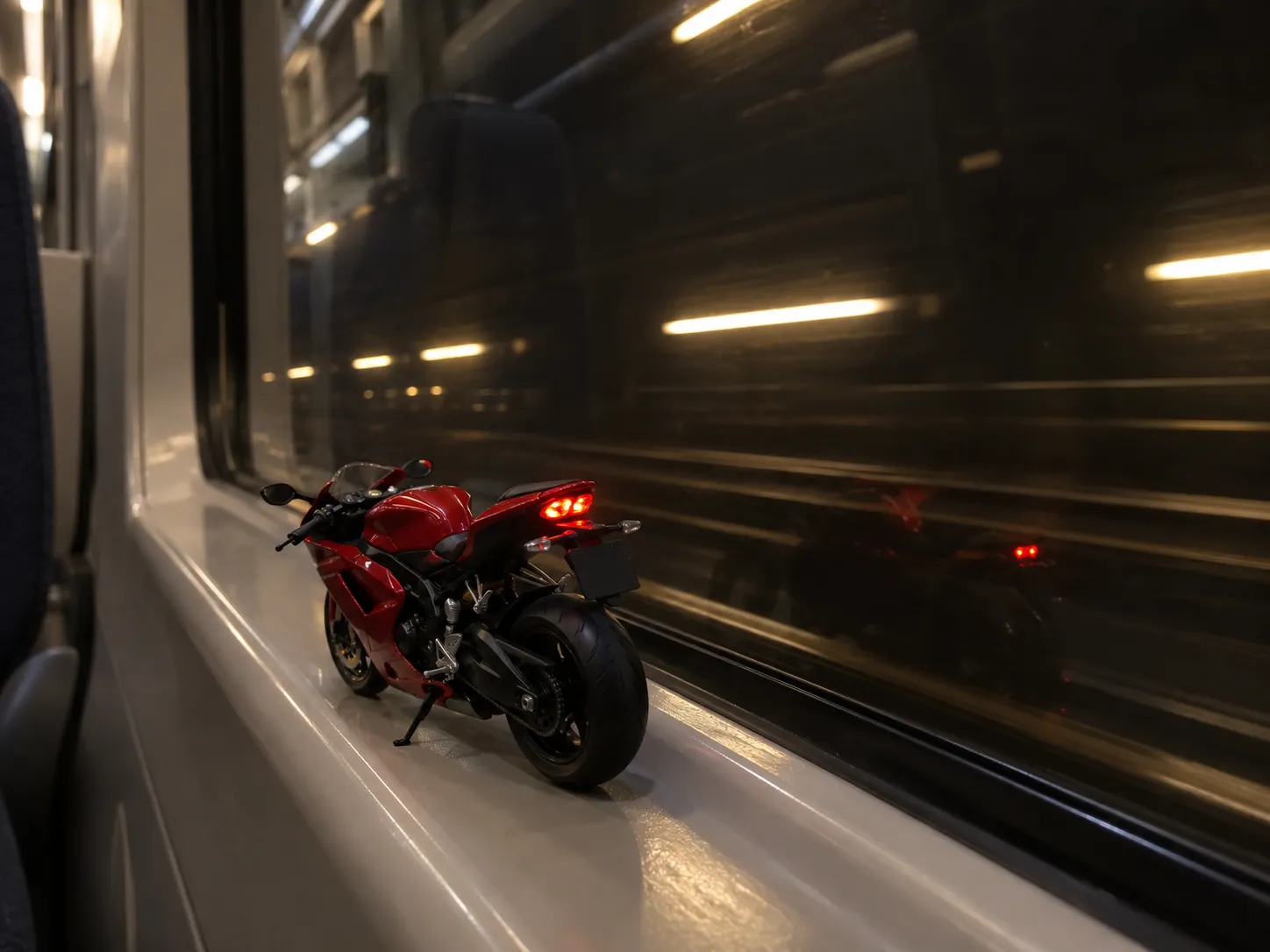 A tiny model motorbike with a red tail light on a train window ledge inside a tunnel, a toy car to real car transition for riders