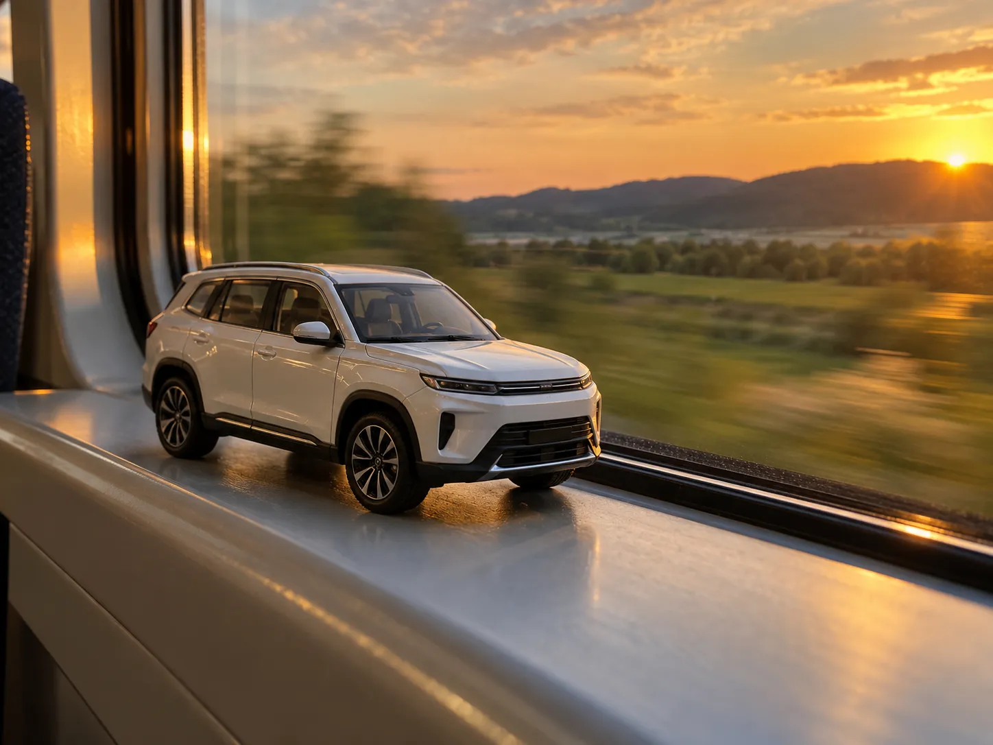 A small white scale model SUV on a train window ledge at sunset, the start of a toy car to real car transition