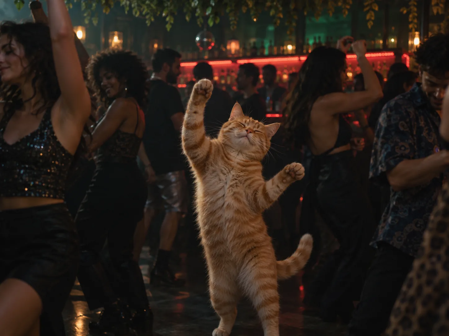 An orange tabby cat standing upright with its eyes closed and paws raised on a crowded club dance floor