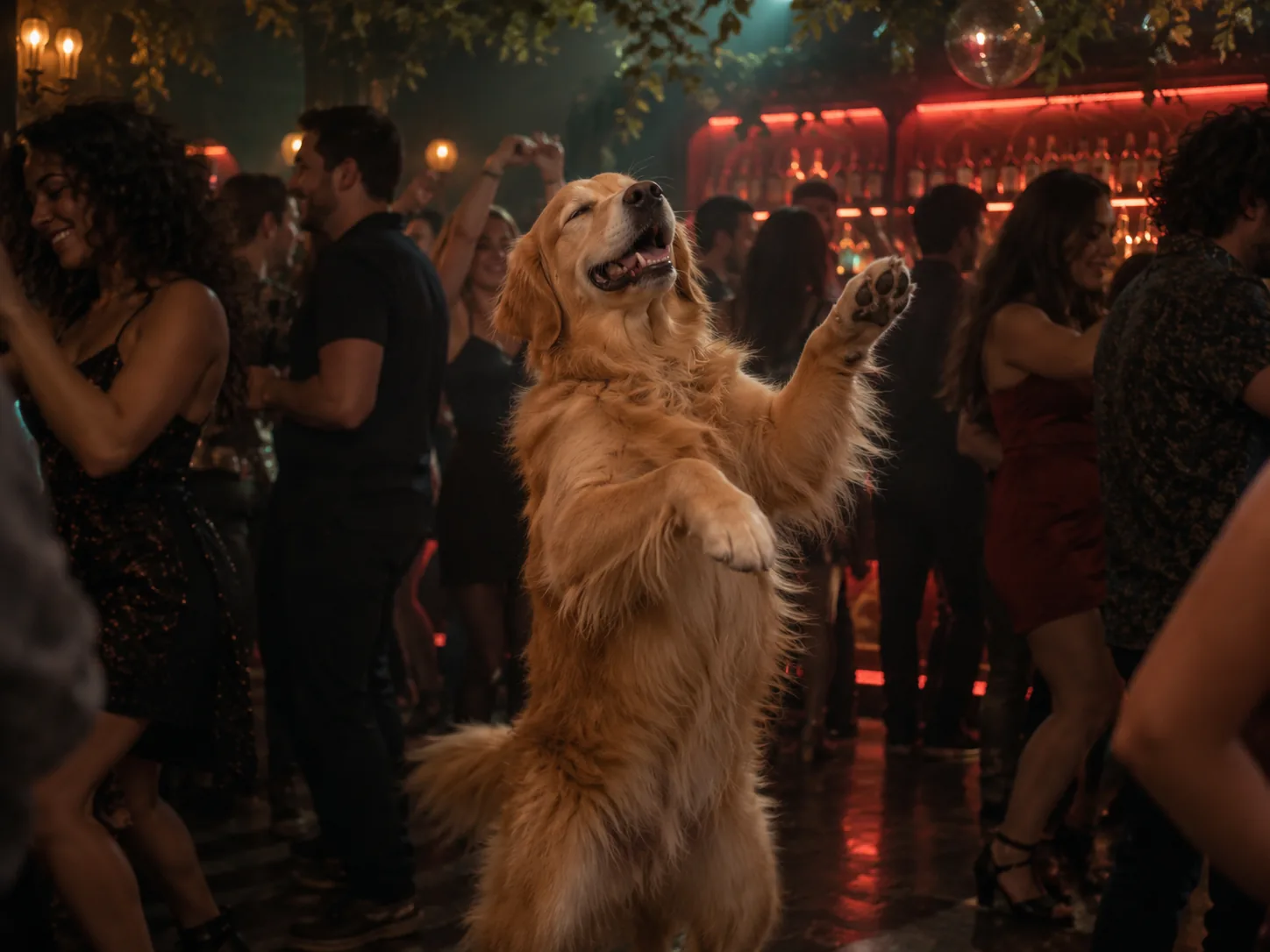 A golden retriever standing upright with its eyes half closed in a packed nightclub, red neon behind it
