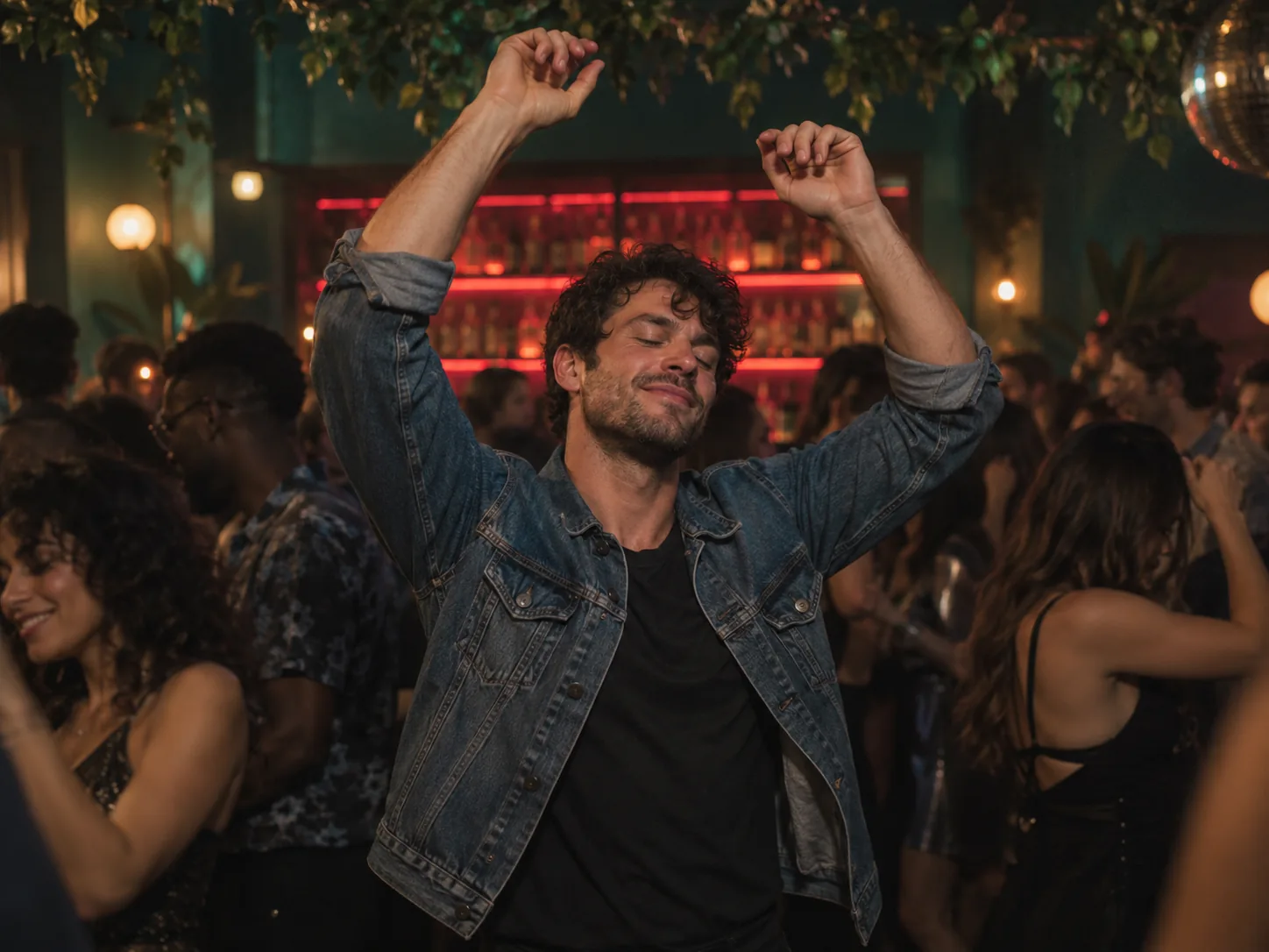 A man in a denim jacket with his arms up and eyes closed in the middle of a crowded dance floor