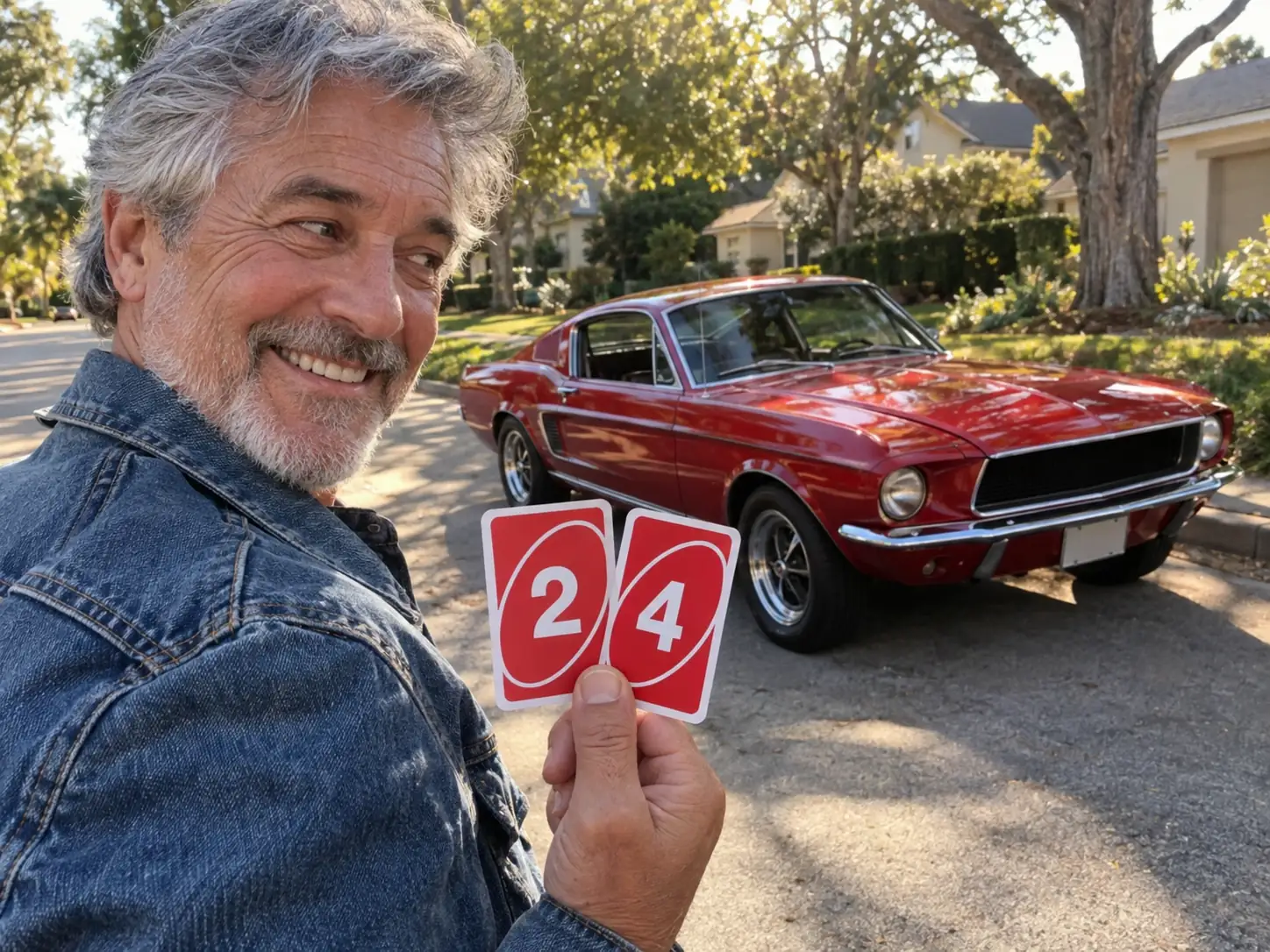 A grey-haired man in a denim jacket grinning as he looks back at a red classic Ford Mustang parked behind him on a quiet suburban street, holding a 2 and a 4 card, the Unforgettable 24 car trend