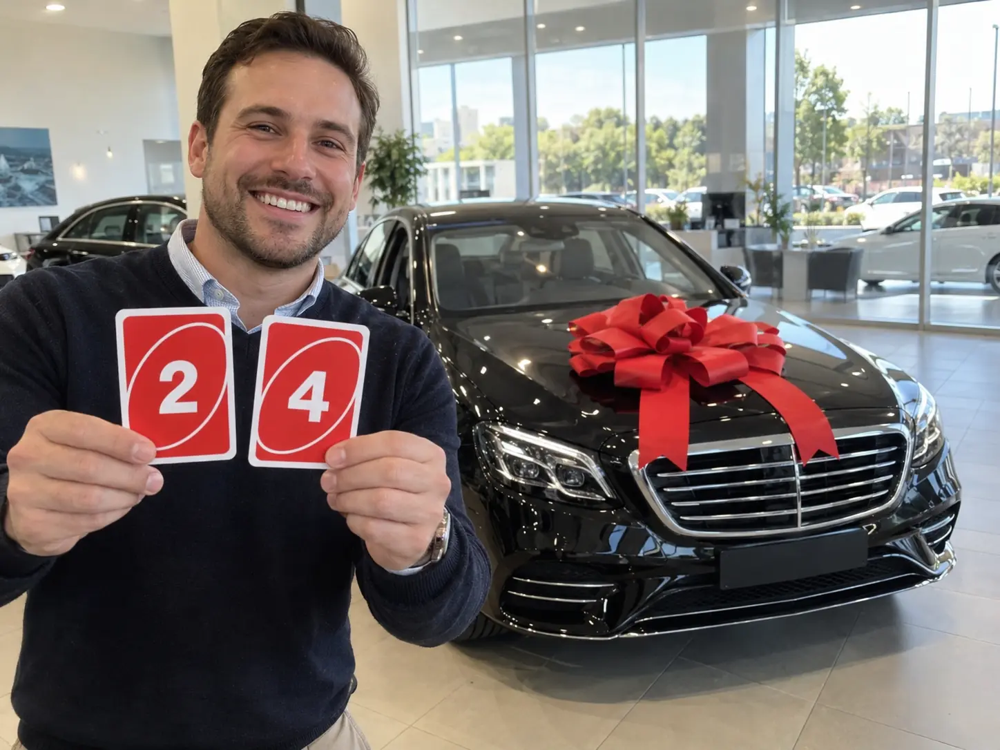 A happy customer in a bright car showroom holding up 2 and 4 number cards while a new black Mercedes-Benz sedan stands behind him, a car dealership delivery reveal in the 24 car trend