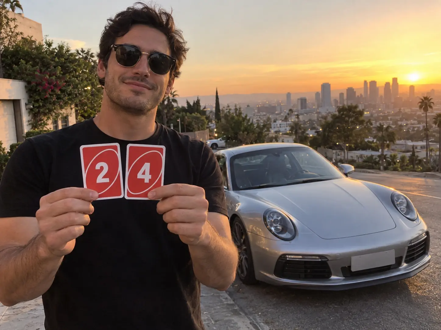 A young man in sunglasses holding up two UNO-style cards, a 2 and a 4, in front of the camera with a silver Porsche sports car parked behind him on a city street at sunset, the Unforgettable car trend