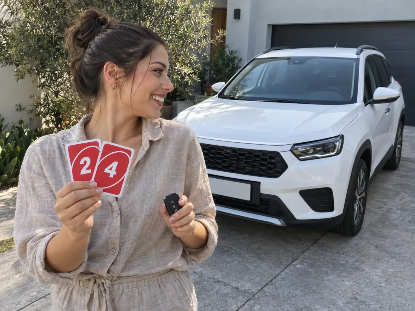 A smiling woman turning to look at her new white SUV in a driveway, holding a 2 and a 4 UNO-style card in one hand and car keys in the other, an AI car reveal video