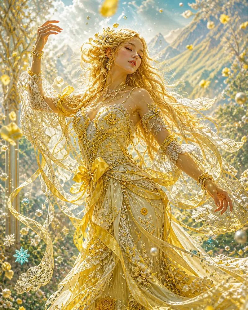 A golden-haired figure in an Art Nouveau gown dancing through a meadow of drifting petals and pearls