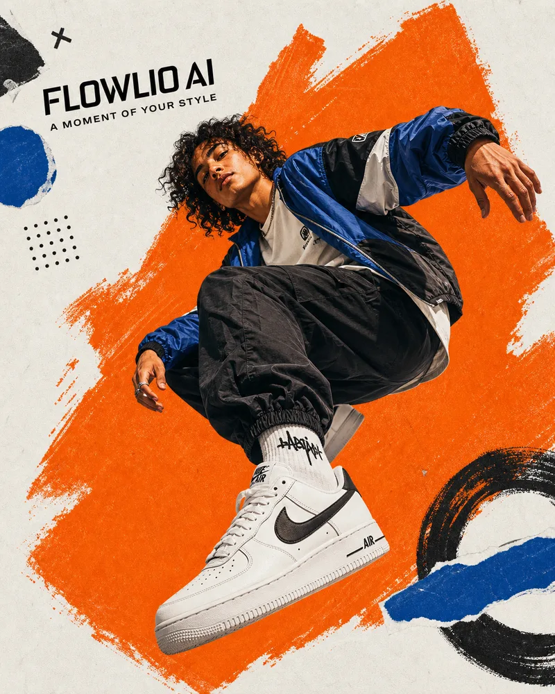 A streetwear collage: a model mid-crouch cut out over a hand-painted orange brush blob, captioned Flowlio AI