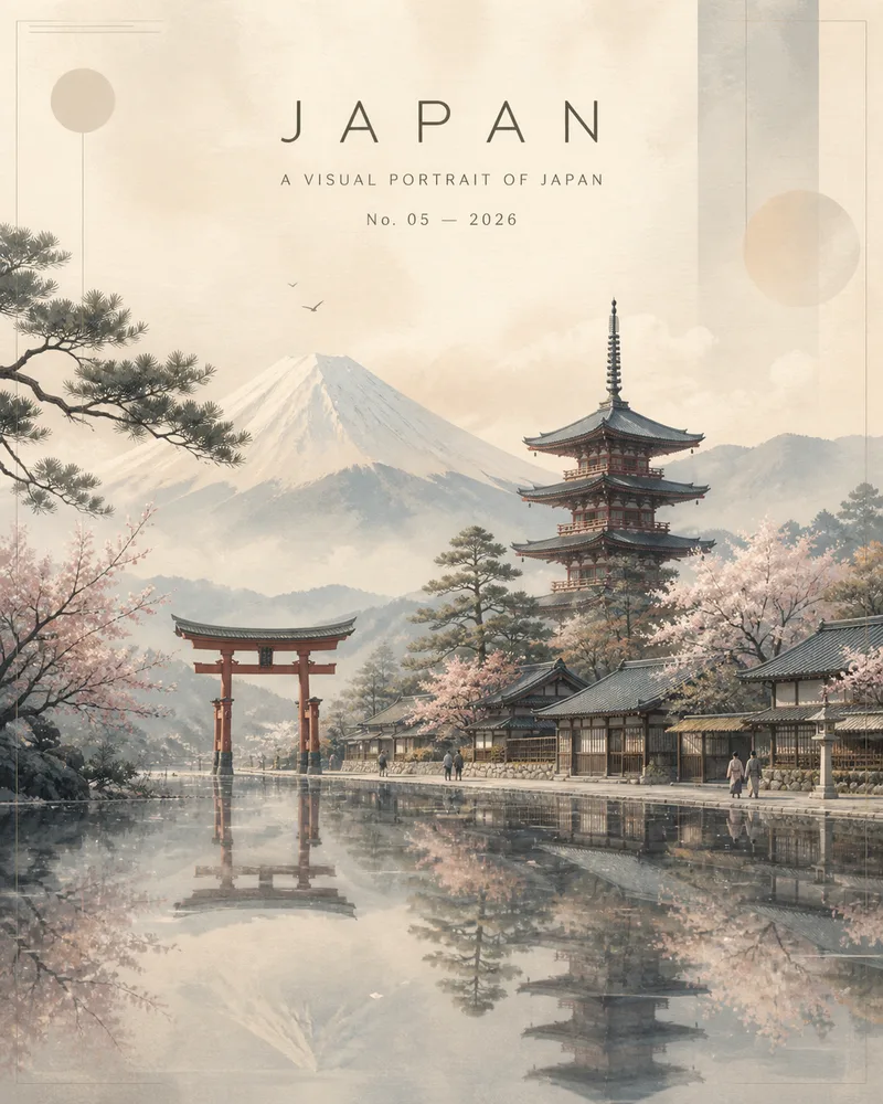 A soft editorial illustration of Japan — Mount Fuji, a pagoda and a torii gate mirrored in still water under cherry blossom