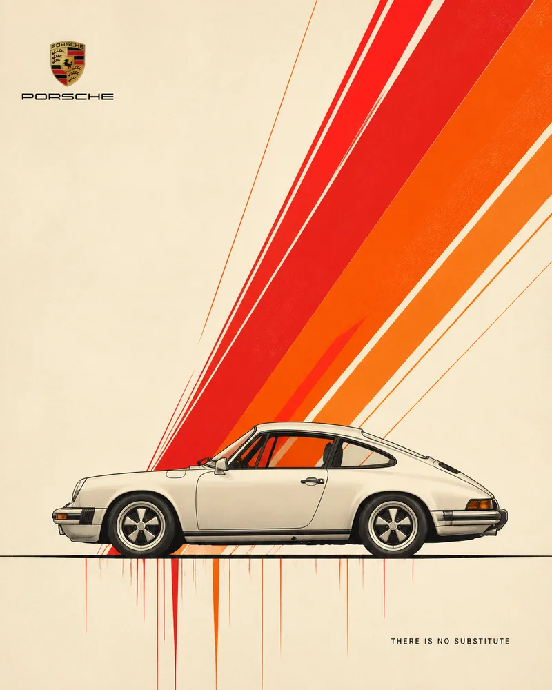 A Swiss modernist poster of a Porsche 911 in side profile, cut by a diagonal burst of red and orange speed stripes