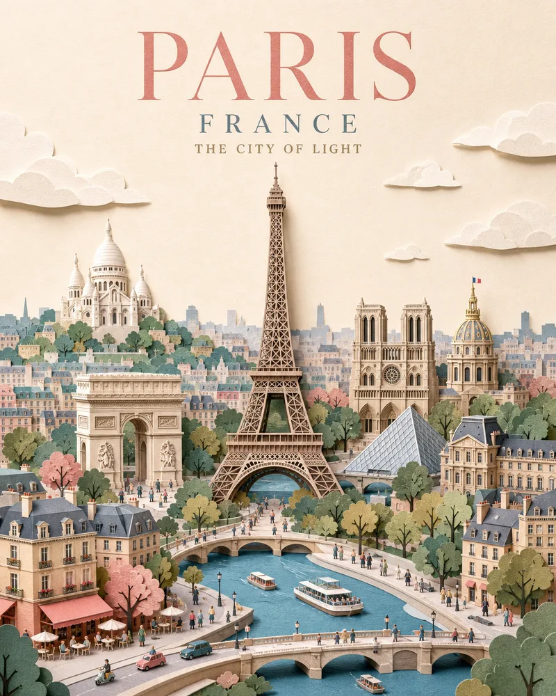 A layered paper-cut miniature of Paris with the Eiffel Tower at its centre and boats on the Seine below