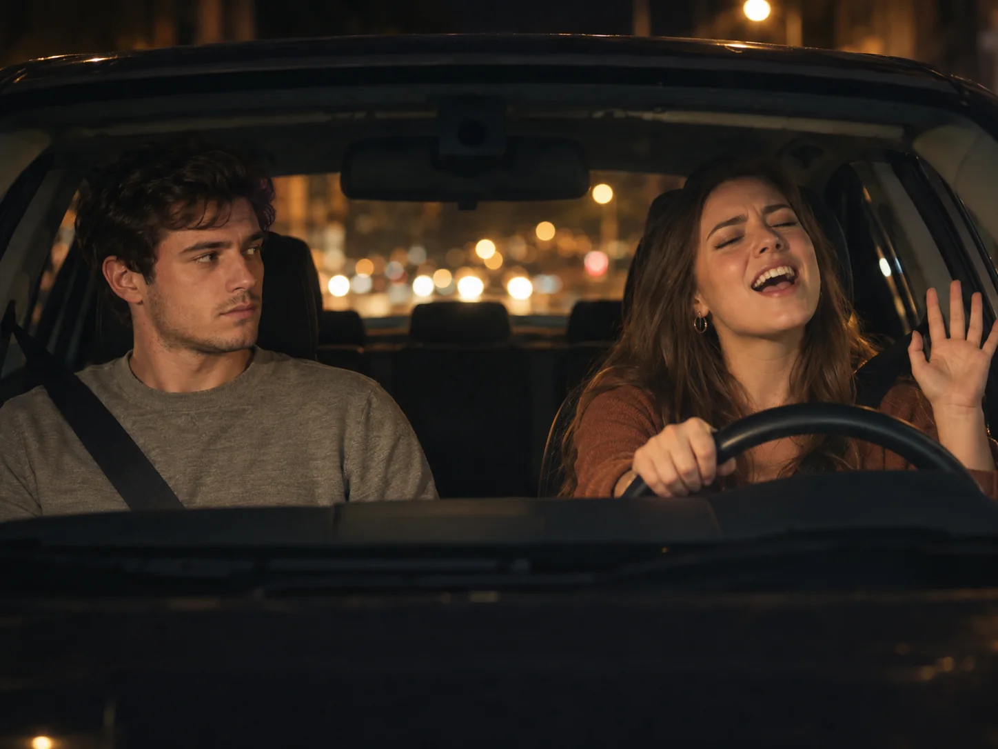 A young woman at the wheel of a car at night singing passionately with one hand raised while her boyfriend in the passenger seat looks at her with a frozen, unimpressed face