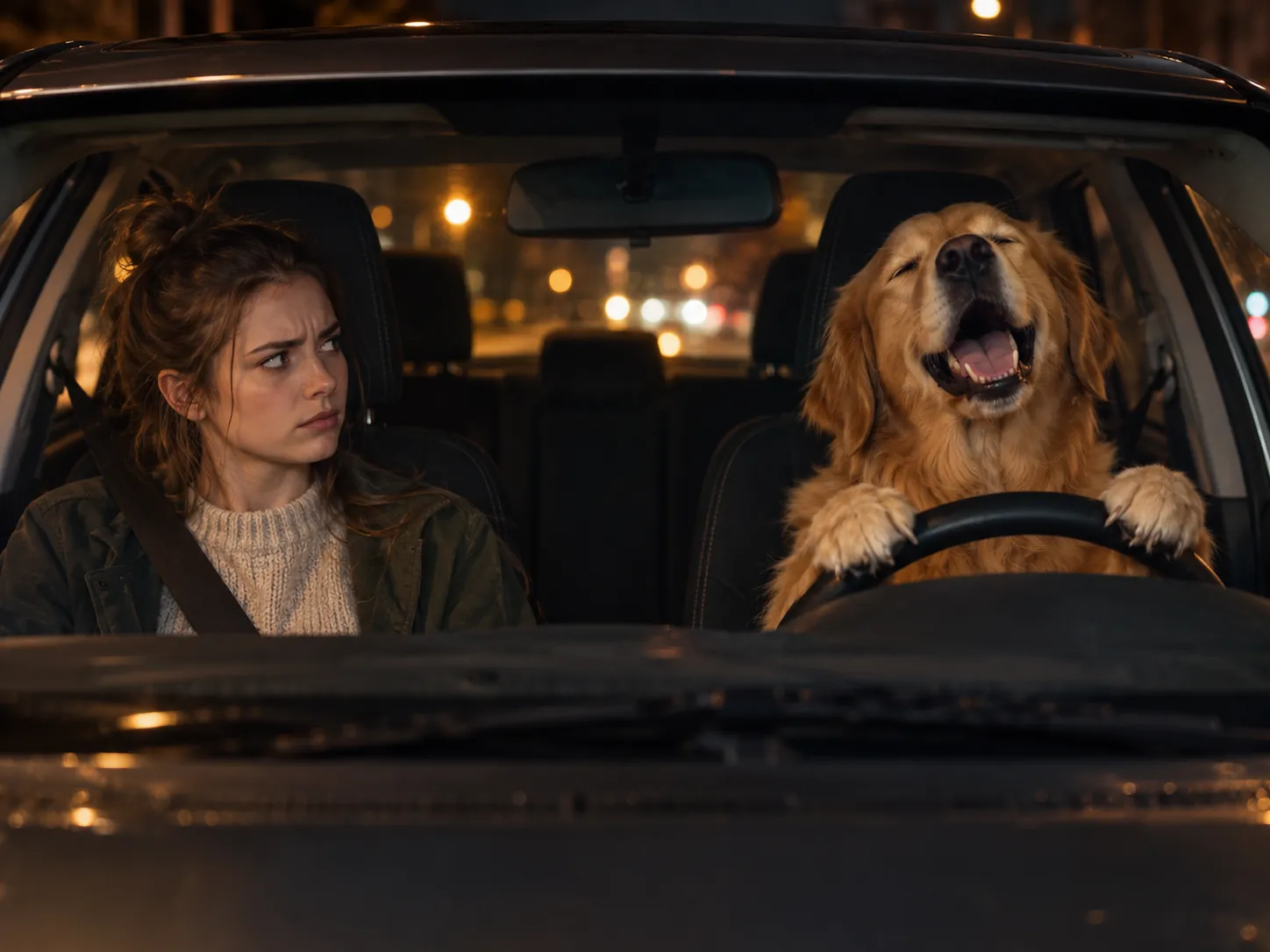 A golden retriever behind the steering wheel of a car at night, paws on the wheel and mouth wide open mid-song, while a woman in the passenger seat stares at it