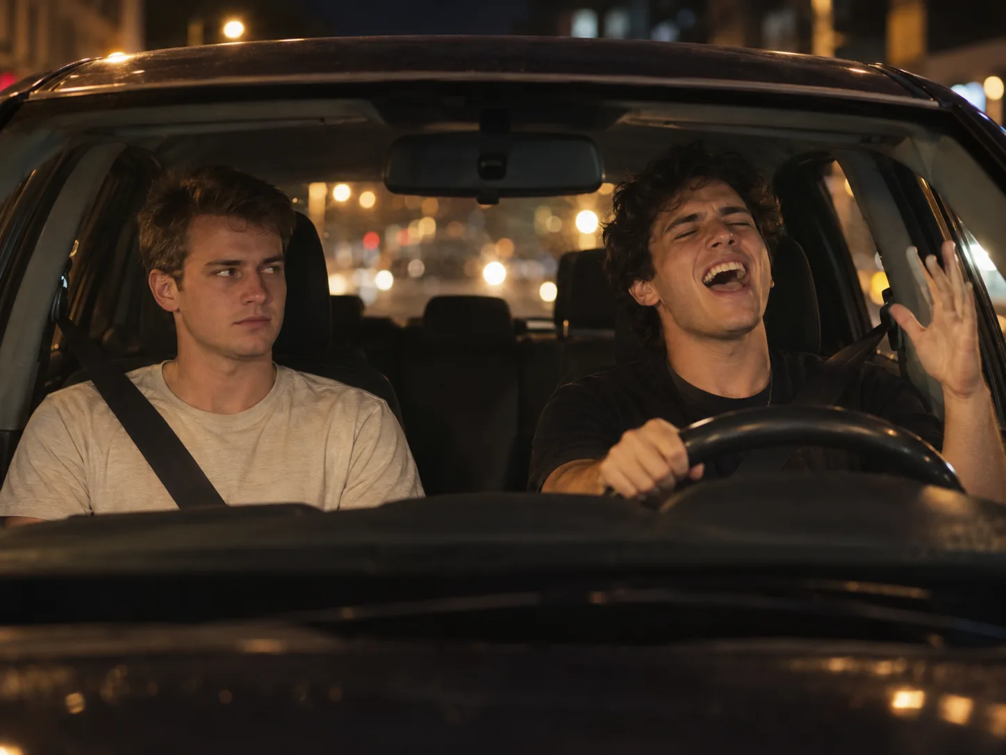 Two friends in a car at night seen through the windshield, the driver singing along with his eyes closed while his friend in the passenger seat stares at him in disbelief, the White Chicks AI trend