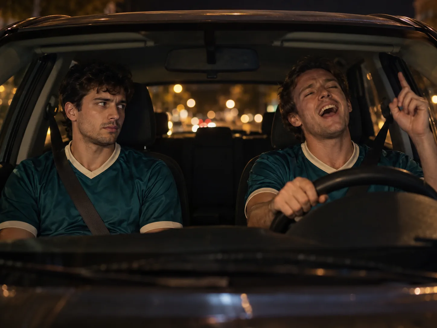 Two amateur football teammates in matching jerseys in a car at night, the driver singing with his head tilted back while his teammate in the passenger seat gives him a long sideways look